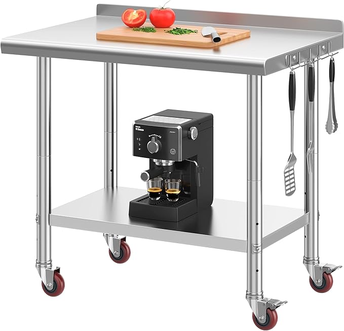 YITAHOME 36" x 24" Stainless Steel Table with Wheels for Prep & Work with Backsplash, NSF Metal Table Prep Table with Undershelf for Home Kitchen Restaurant Garage Warehouse
