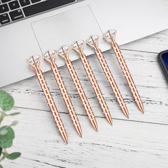 PASISIBICK 16 Pcs Rose gold Diamond Pens with Polka Dots - Bling Wedding Gifts for Women Bridesmaid Coworkers Metal Ballpoint Pens with Black Ink (Rose Gold with White Polka Dots)