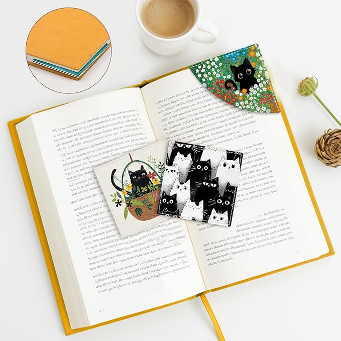 Cute Black Cat Corner Bookmarks, Funny Leather Book Accessories for Book Lovers, 3 Pcs Reading Book Page Markers for Women Men Student Teacher Girls Boys Kids Retirement Birthday Gifts