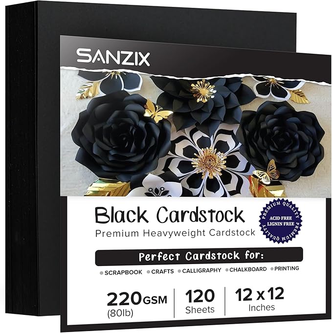 SANZIX 120 Sheets Black Cardstock 12x12 - Heavyweight 80 Lbs 220 GSM Black 12x12 Cardstock for Crafts | Laser & Inkjet Printer Compatible, Perfect for Scrapbooking, Invitations, Card Making & DIY