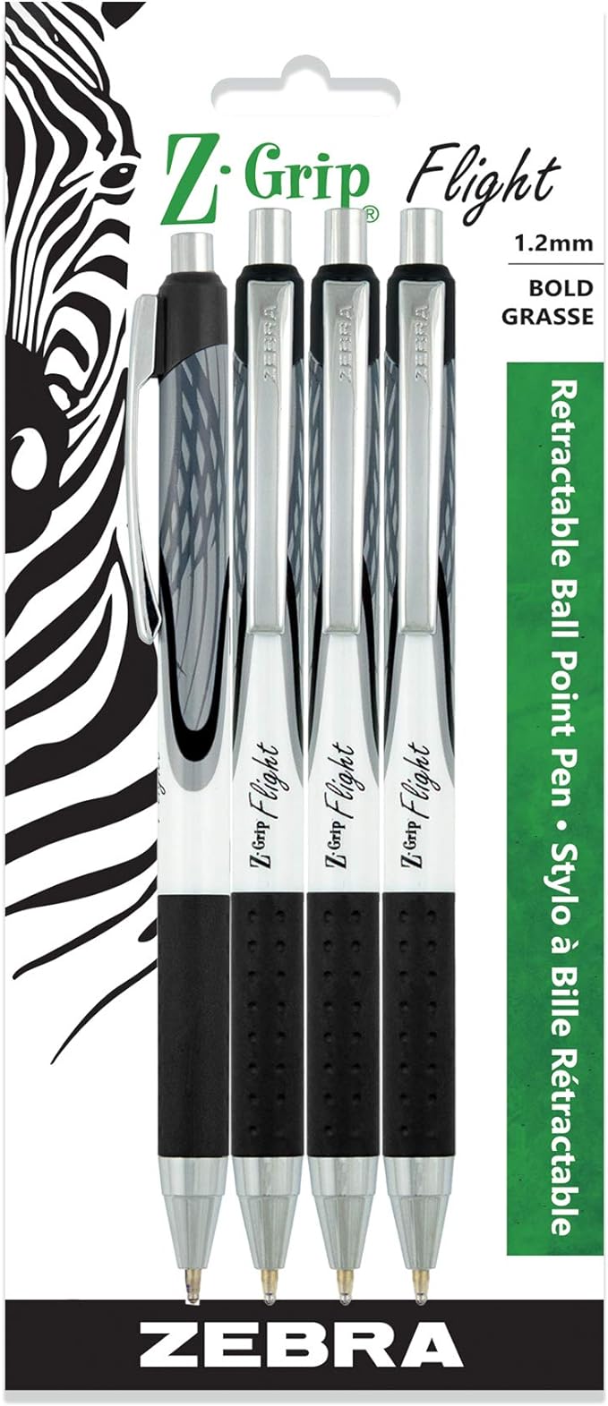 Zebra Pen Z-Grip Flight Retractable Ballpoint Pen, Bold Point, 1.2mm, Black Ink, 4-Count