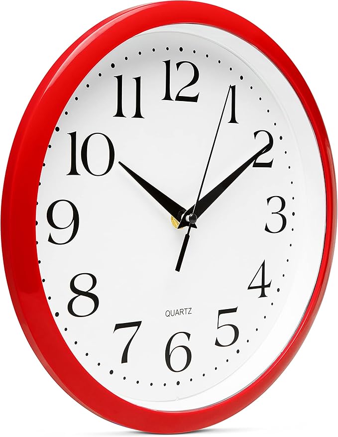 Bernhard Products Red Wall Clock Silent Non Ticking - 10 Inch Quality Quartz Battery Operated Round Easy to Read Home/Kitchen/Office/Classroom/School Clocks, Vintage Retro Red Frame Black Numbers