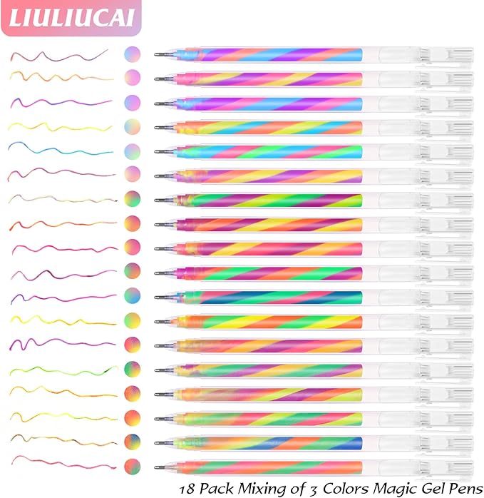 18 Pack Mixing of 3 Colors Rainbow Gel Pens Color Changing Ballpoint Pen Set for Adults Coloring Books Drawing Doodling Anime Scrapbooking Class Notes