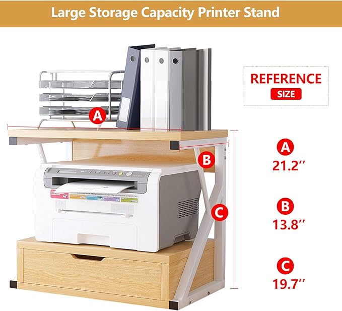 Printer Stand for Desk,2 Tier Desktop Printer Stand,Home Printer Stand with Storage Drawer,Small Printer Table,Desk Organizer Shelf for Top of Desk,Printer Rack for Fax Machine,Scanner-Oak
