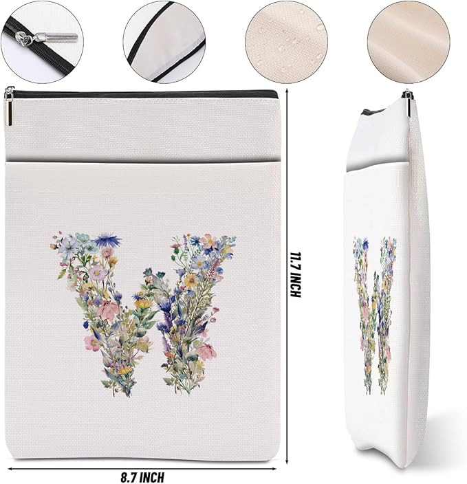 Monogrammed Book Sleeve Floral W Initial Book Pouch Book Accessories Book Lovers Gifts Waterproof Book Cover Book Protector Bookish Gifts Personalized Gifts for Women Girls Readers Bride Wife
