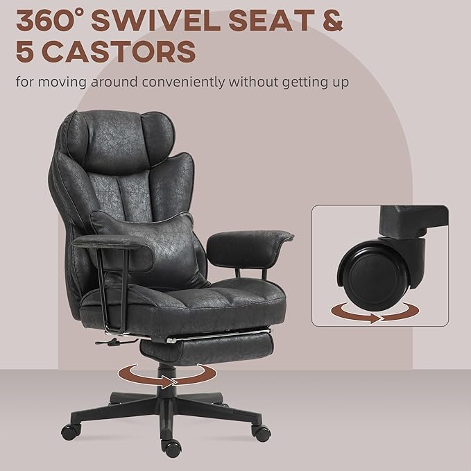 HOMCOM Executive Office Chair, 400LBS Big and Tall Office Chair with Foot Rest, Microfiber Computer Desk Chair with Lumbar Support, Reclining Function and Wide Seat, Black