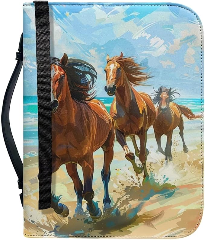 Lotusorchid Watercolor Horse Printed Bible Covers for Women Men PU Leather Bible Case Bible Bag Tote Book Carrying Case Christian Bible Accessories