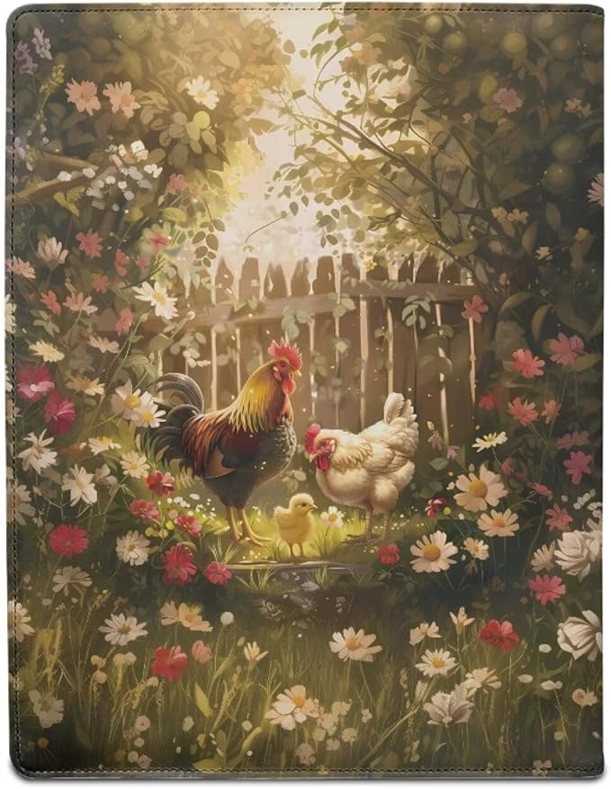 Office Folder Flower Rooster Print PU Leather Padfolio with A4 Size Clipboard Clip for Business Resume Interview Document Sleeve Binder Folder for Men/Women