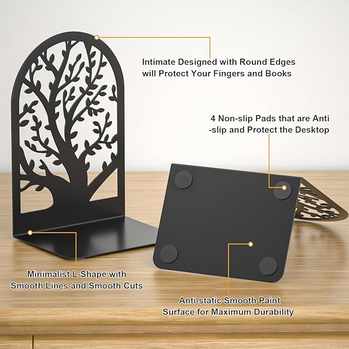 VFINE Tree Style Bookends 3 Pairs, Bookends for Shelves, Tree Metal Book Ends, Book Holder for Shelves, Decorative Unique Black Book Ends to Hold Books, Book Stopper Office Supplies