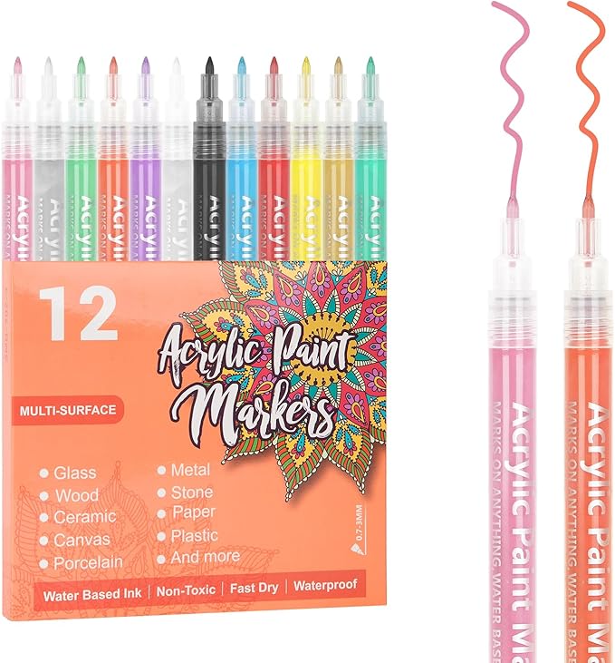SMOOTHERPRO Acrylic Paint Markers Rock Painting 12 Colors Water-Based Pens 0.7mm Extra Fine Tip for Kids Adults Stone Canvas Ceramic Decorating (HAPM12)