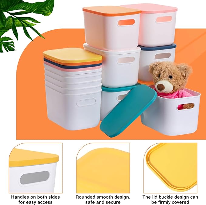 Thyle 12 Pack Plastic Storage Bins with Lids and Handles Colorful Stackable Desktop Storage Box Bins with Marker Label for Office Classroom Cabinet Shelf Drawer Kitchen, 10x7x6 Inch(White, Ivory)