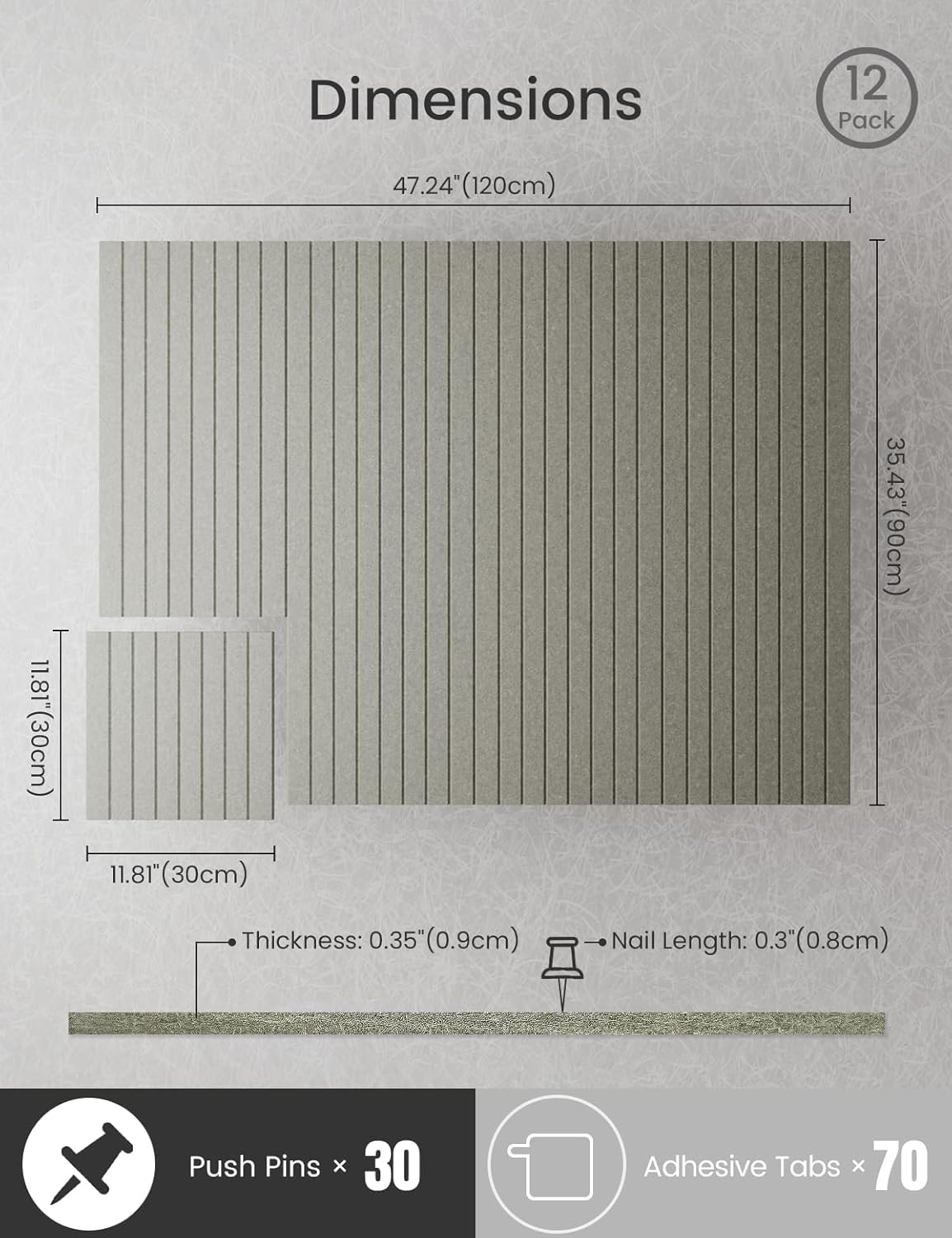 Bumusty Large Cork Board Alternative-47 x35 Felt Bulletin Board Tiles, with 30 Pushpins, 70 Adhesive Tabs, 12-Pack Slat Wall Paneling, Cork Boards for Office Push Pin Board Felt Board-Sage