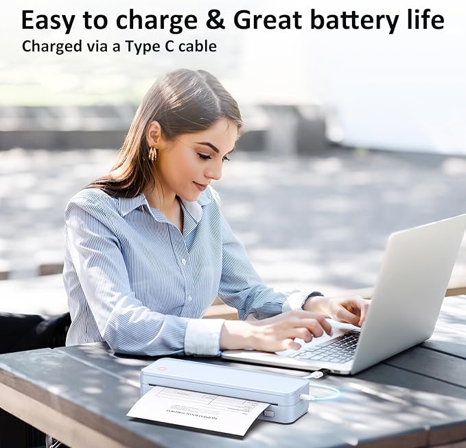 Inkless Portable Printer for Travel, Wireless Thermal Printer Supports 8.5" x 11" US Letter Size, Bluetooth Machine Includes Carry Case and 3 Rolls of Thermal Paper Kit, Blue