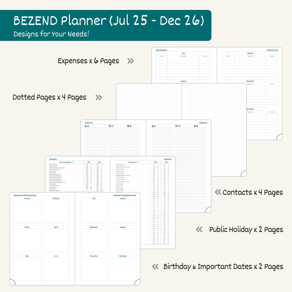 BEZEND Weekly Planner 2025-2026 with 2 Columns, 5.8" x 8.5" Academic Calendar 18 Months (Jul 25-Dec 26) Life Work Appointment Book with Monthly Tab, PU Leather Hardcover - Prussian Blue