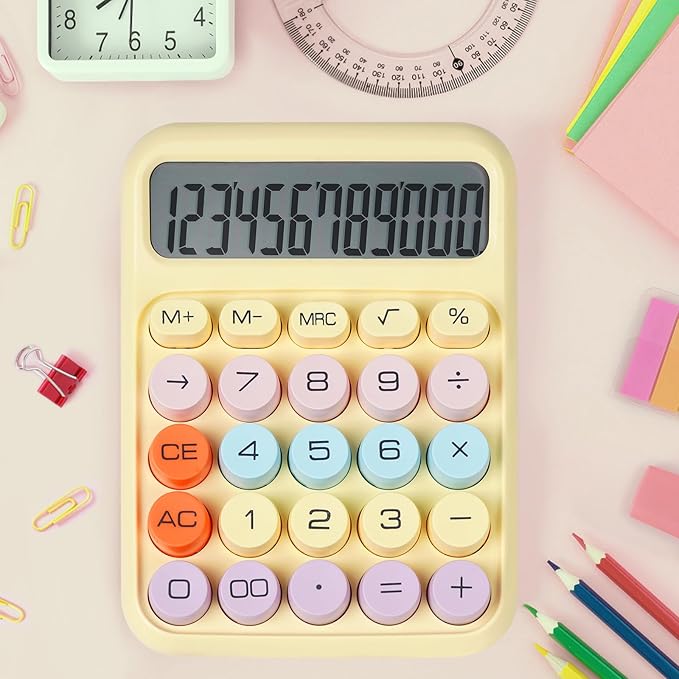 Mechanical Switch Calculator with Big Buttons, Calculators Desktop, 12 Digits, Large LCD Display, Desk Calculator, Cute Pink Calculator for Teachers Students Basic Office (Yellow)