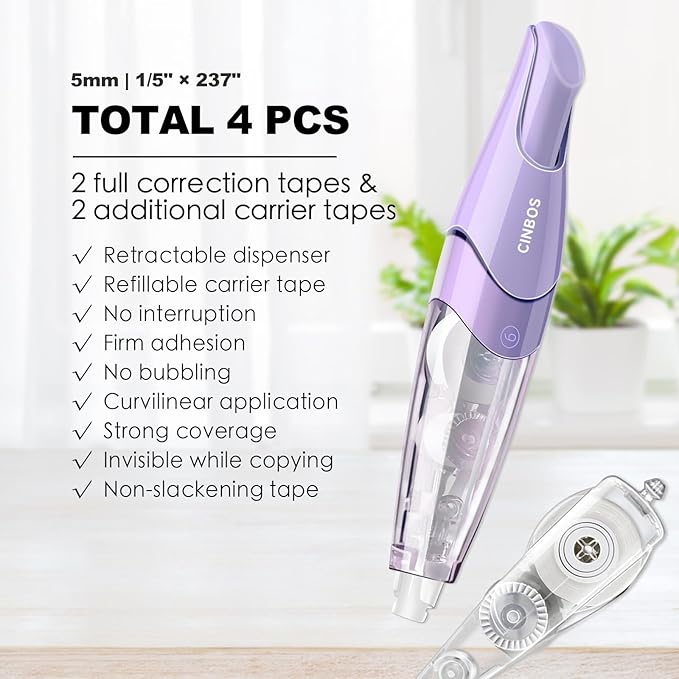 Refillable Retractable White Correction Tape, White Smooth Pull Out Correction Tape with 2 Extra Refills, Cute Correction Tape for Office Supplies, 4 PCS (CS-26)