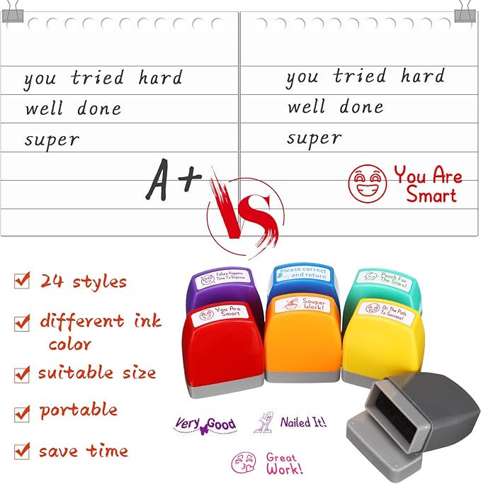 Yinder 24 Pcs Teacher Stamps for Classroom Self Inking Classroom Stamps Bulk for Teachers Elementary Colorful Motivational Encouraging Gifts(Classic)
