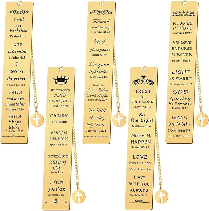 5 Pcs Christian Gifts for Women Metal Religious Bible Verse Bookmark Gifts for Friend Inspirational Christian Bookmarks with Church Cross Chain Scripture Bookmarks for Men Bulk Gift (Gold)