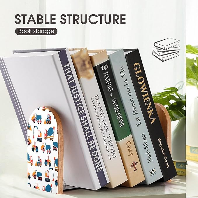 2 Pack Wood Bookends, Cars Excavators Pattern Non-Skid Book Ends for Heave Books, Decorative Bookends for Shelves Desk, Book Stoppers Book Holders for Home Office Library School