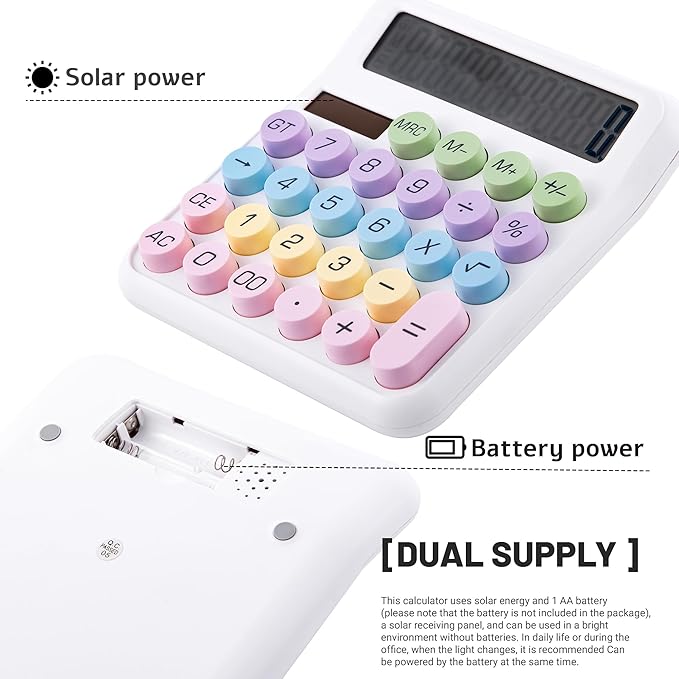 Golcellia Calculators Desktop, White Mechanical Calculator, Cute Calculator 12 Digit Desk Basic Calculator Large Display, Dual Power Solar Battery, Office Home School Supplies for Adults & Students