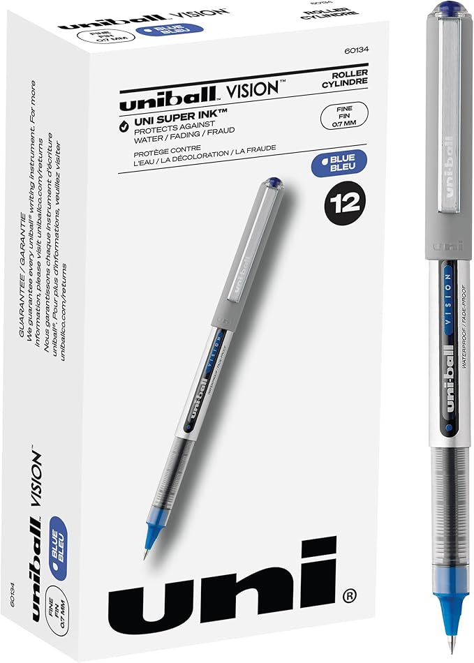 Uni-ball® Vision™ Rollerball Pens, Fine Point, 0.7 mm, Gray Barrel, Blue Ink, Pack Of 12