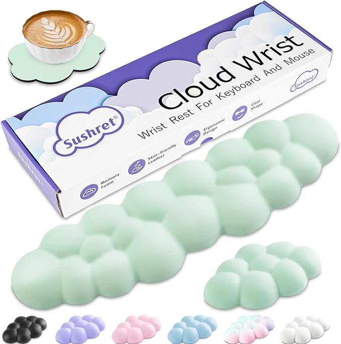 Cloud Wrist Rest Keyboard, Cloud Palm Rest Set with PU Leather Memory Foam, Cute Keyboard Rest for Wrist Support and Arm Rest, Desk Cloud Wrist Pad for PC/Gaming/Laptop/Computer-Light Green