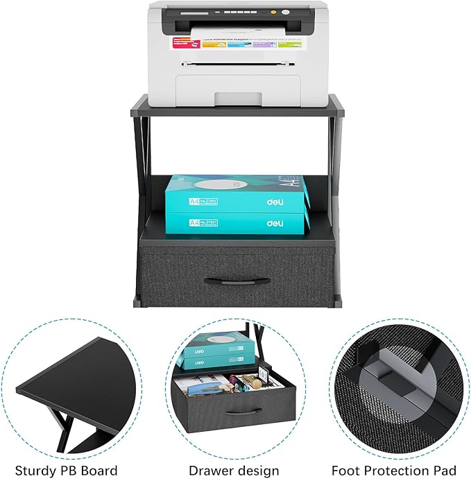 aboxoo Printer Stand for Desk with Storage Drawer, 2 Tier Desktop Or Under Desk Shelf, Multi-Purpose Desk Organizer for Home Office, fit Fax Machine/3D Printer/Scanner, Black