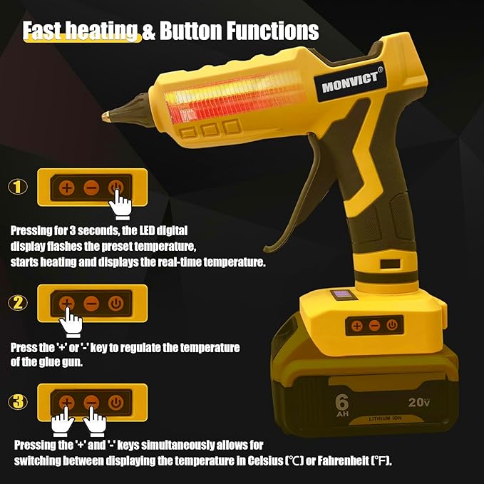MONVICT Cordless Glue Gun for Dewalt 20V Battery, Upgraded 100W Digital Temperature Adjustable Handheld Electric Power Full Size Heavy Duty Hot Glue Gun with 10 Glue Sticks (Battery Not Included)