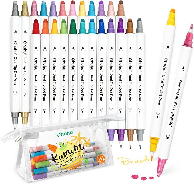 Ohuhu Journal Pens 24 Colors Dot Markers Pens Dual Tips (Calligraphy Brush & Dot) for Adults Water-based Metallic & Regular Colors Dot Pens for Lettering Journal Scrapbooking Coloring Markers - Kumimi