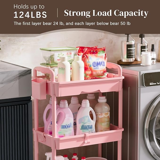 3 Tier Rolling Utility Cart with Drawer, Utility Storage Organizer with Plastic Shelf & Lockable Wheels Multifunctional Storage Cart for Kitchen, Bathroom, Office, Living Room, Pink