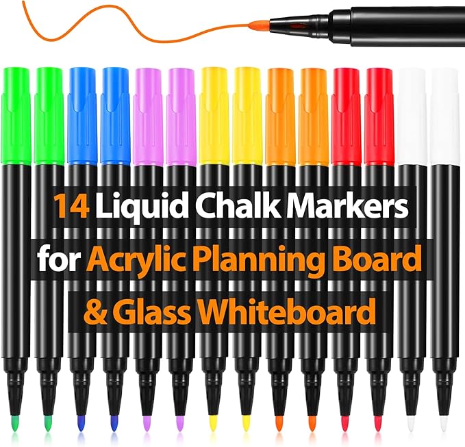 Liquid Chalk Markers for Acrylic Fridge Calendar Planning Board Clear Glass Dry Erase Board Refrigerator Whiteboard for Window/Mirror, 14 Pack, 7 Vibrant Colors, 1mm Fine Points, Easy Wet Erase