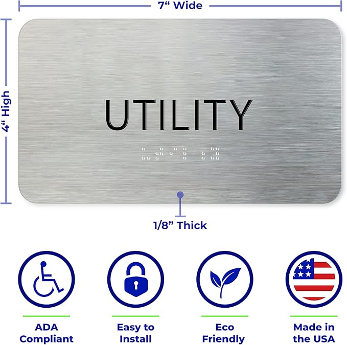 Utility Room Sign for Business - Office Signs, Aluminum Brushed Silver, Tamper-Proof, Heavy Duty Mounting Tape, Easy Install, Office Décor, ADA Compliant, Grade 2 Braille (7” W x 4” H) ADASigns.org