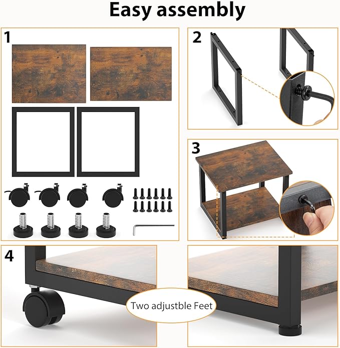 Under Desk Printer Stand, 2-Tier 16.5''x 12.6''x 14.8'' Rolling Printer Stand Storage Shelves for Printer, Scanner, Fax Machine, Files, Books with Anti-Skid Feet for Home, Office, Brown