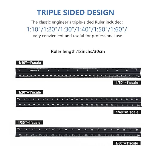 Architectural&Engineering Triangular Scale Ruler, 12 Inch Architectural Scale Ruler Set, Laser-Etched Aluminum with Stainless Steel Ruler for Architects, Students, Draftsman, Engineers (3 PCS)