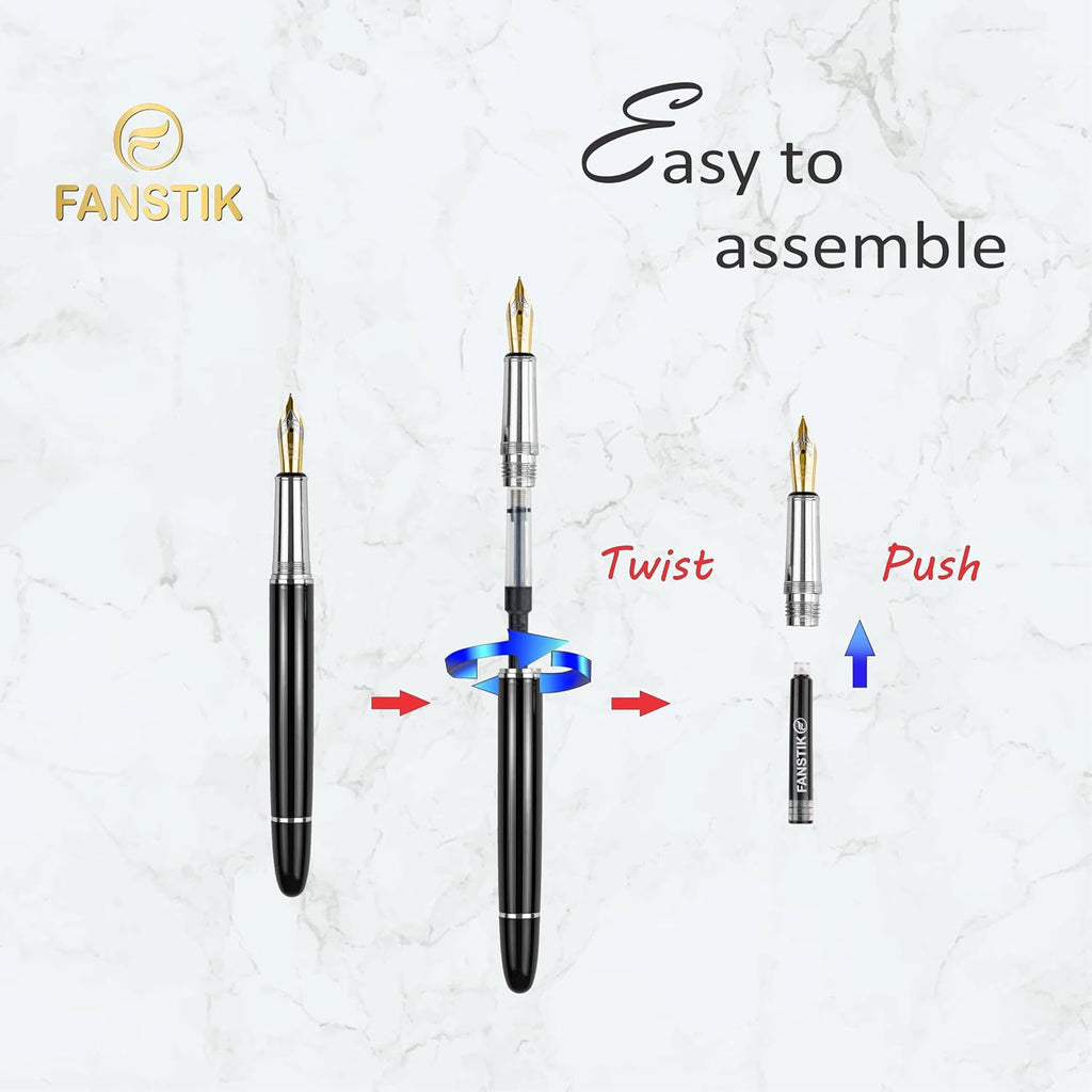 Customized Fountain pen with name (MADE IN USA), stainless steel, black and Silver, luxury engraved pen personalized for men and for women. (Fountain Black-Silver)