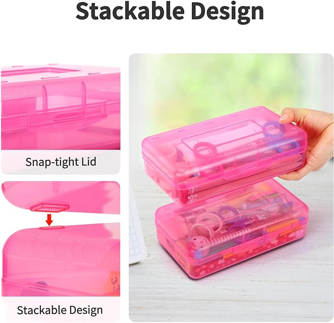 Sooez 3 Pack Pencil Case, Large Pencil Box Case, Clear Crayon Marker Box Bulk, Hard Plastic School Supplies with Snap-tight Lid, Stackable Storage Container Art Craft Organizer for Bead Pens