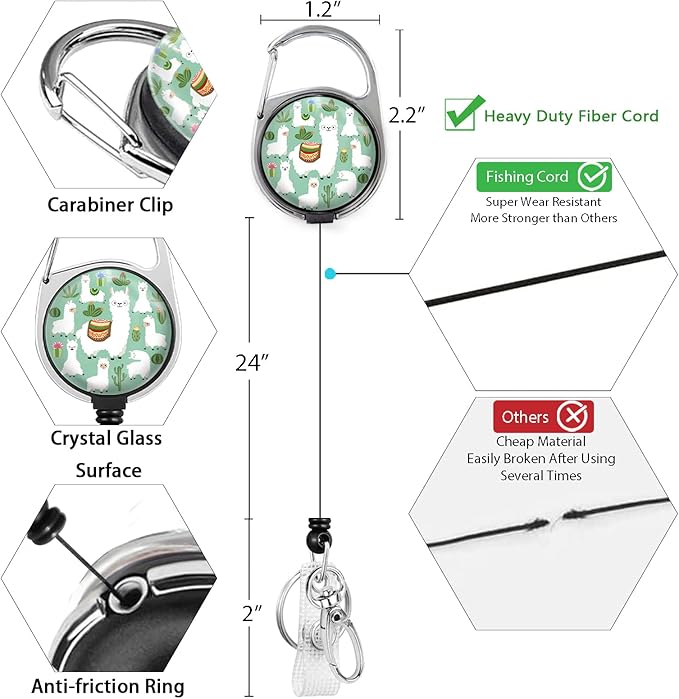 Cute Alpaca&Cactus Lanyards Detachable for Id Badges, Green Plants Retractable ID Badge Holder, Fashionable Badge Reel Heavy Duty with 360 Degrees Rotate Carabiner Clip, Nurse Teacher Office Gifts