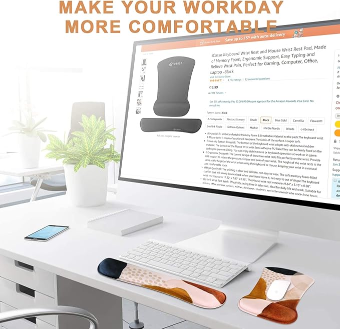 iCasso Keyboard Wrist Rest and Mouse Wrist Rest Pad, Made of Memory Foam, Ergonomic Support, Easy Typing and Relieve Wrist Pain, Perfect for Gaming, Computer, Office, Laptop (Color Block)