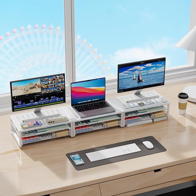 gianotter Computer Monitor Stand Riser, office organizer with Drawer, Office Organizers Storage for Classroom Office Supplies (White)