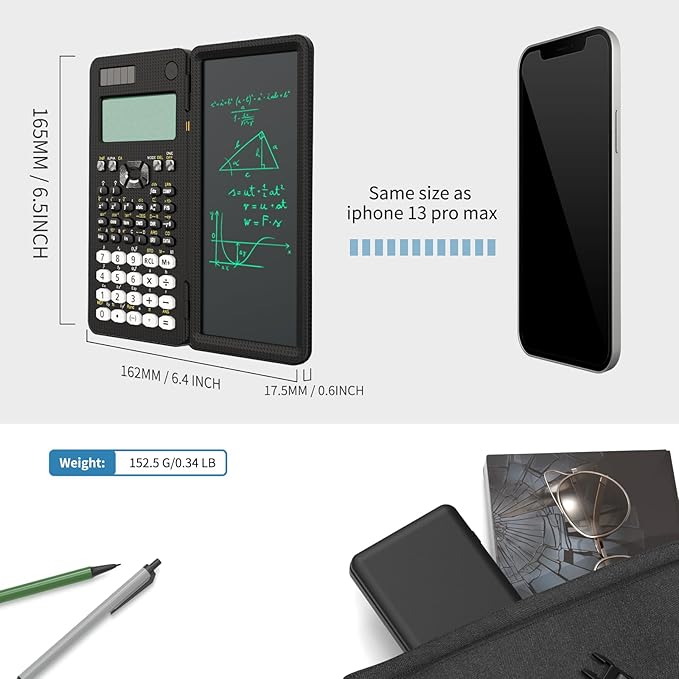 Scientific Calculator with Writing Tablet,ROATEE 991 MS Foldable 2-Line Display Science Calculator with Notepad,Middle High School Supplies for Students & College,Solar & Battery Powered,Easy to Carry