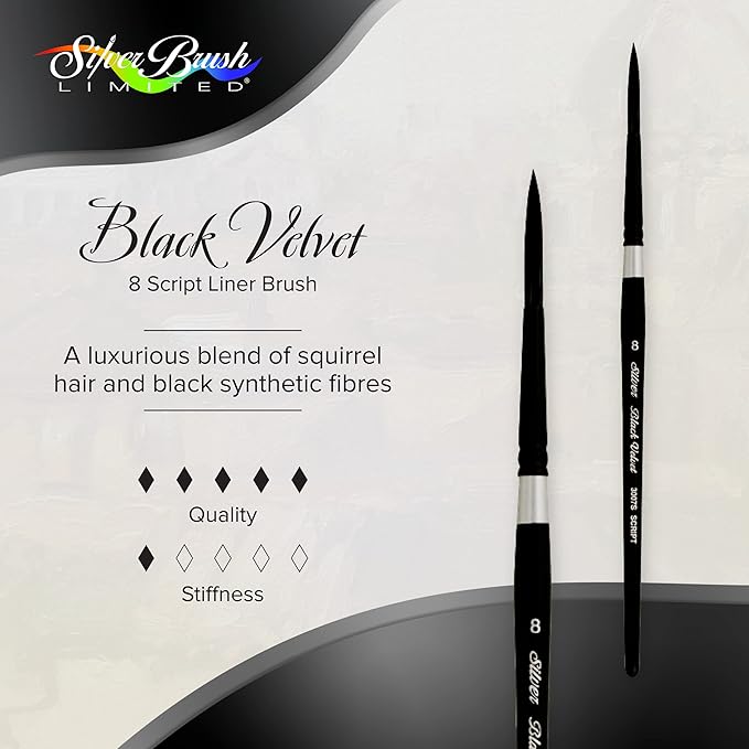 Silver Brush Limited 3007S -8 Black Velvet Script Liner Paintbrush for Watercolor, Gouache, Inks, & Dyes, Size 8, Short Handle