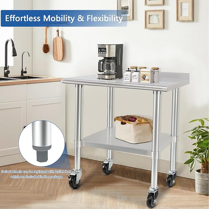 HARDURA Stainless Steel Table 30 x 36 Inches with Wheels Casters NSF Heavy Duty Commercial Prep Table with 2” Backsplash and Adjustable Undershelf for Restaurant Kitchen Home and Hotel