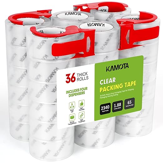 KAMOTA Packing Tape, 36 Rolls Heavy Duty Clear Packaging Tape for Shipping Packaging Moving Sealing, 1.88 inches Wide, 65 Yards Per Roll, Total 2340 Yards with 4 Dispensers
