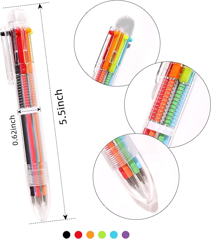DAIKOYE Party Favors 8 PCS 0.5mm 6-in-1 Multicolor Pen 6 Colors Transparent Barrel Ballpoint Pen for Office School Supplies Students Children Gift