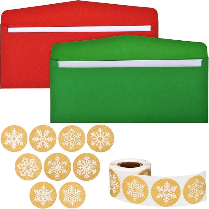 100 Pieces Number 10 Envelopes Gift Card Envelopes with 200 Pieces Christmas Kraft Snowflake Stickers Valentine's Day Stickers for Festive Letters Holiday Mail Gift Supplies (Classic Style)
