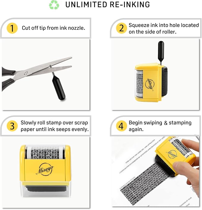 Miseyo Wide Identity Theft Protection Roller Stamp Set - Yellow (3 Refill Ink Included)