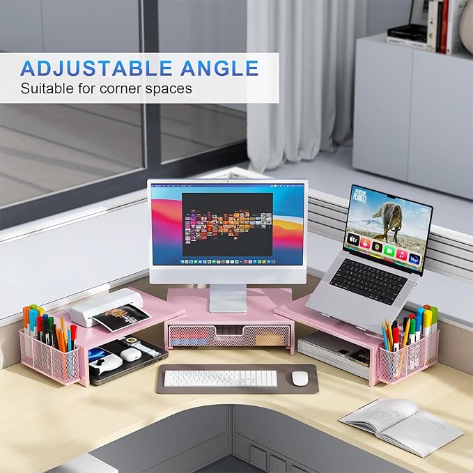 gianotter Dual Monitor Stand Riser, Desk Organizer With Drawer and 2 Pen Holders,Desk Organizers and Accessories, Pink Office Supplies (Pink)