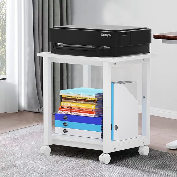 Under Desk Printer Stand, 2-Tier 19.5''x 16''x 22'' Rolling Printer Stand Storage Shelves for Printer, Scanner, Fax Machine, Files, Books with Anti-Skid Feet for Home, Office, White