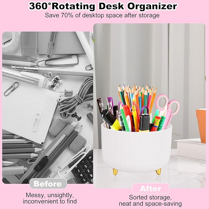 White Desk Organizers and Accessories 10Pcs Set with 360-Degree Rotating Pen Holder, Tape Dispenser, Stapler, Staple Remover, 1000 Staples, Tape, Clips Set, Ruler, Scissor, Pen