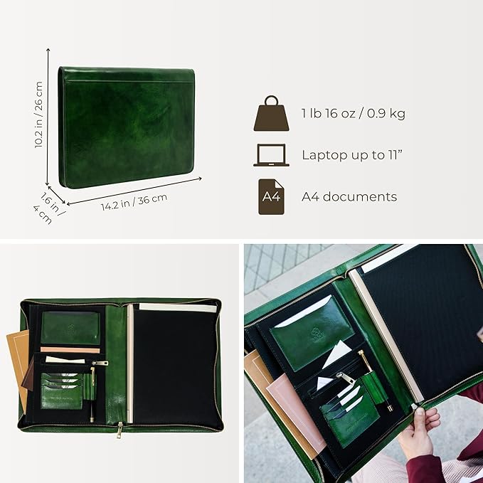 Time Resistance Leather Portfolio - A4 Document Folder - Padfolio - Italian Handcrafted Organizer Folio - Gift Box Included